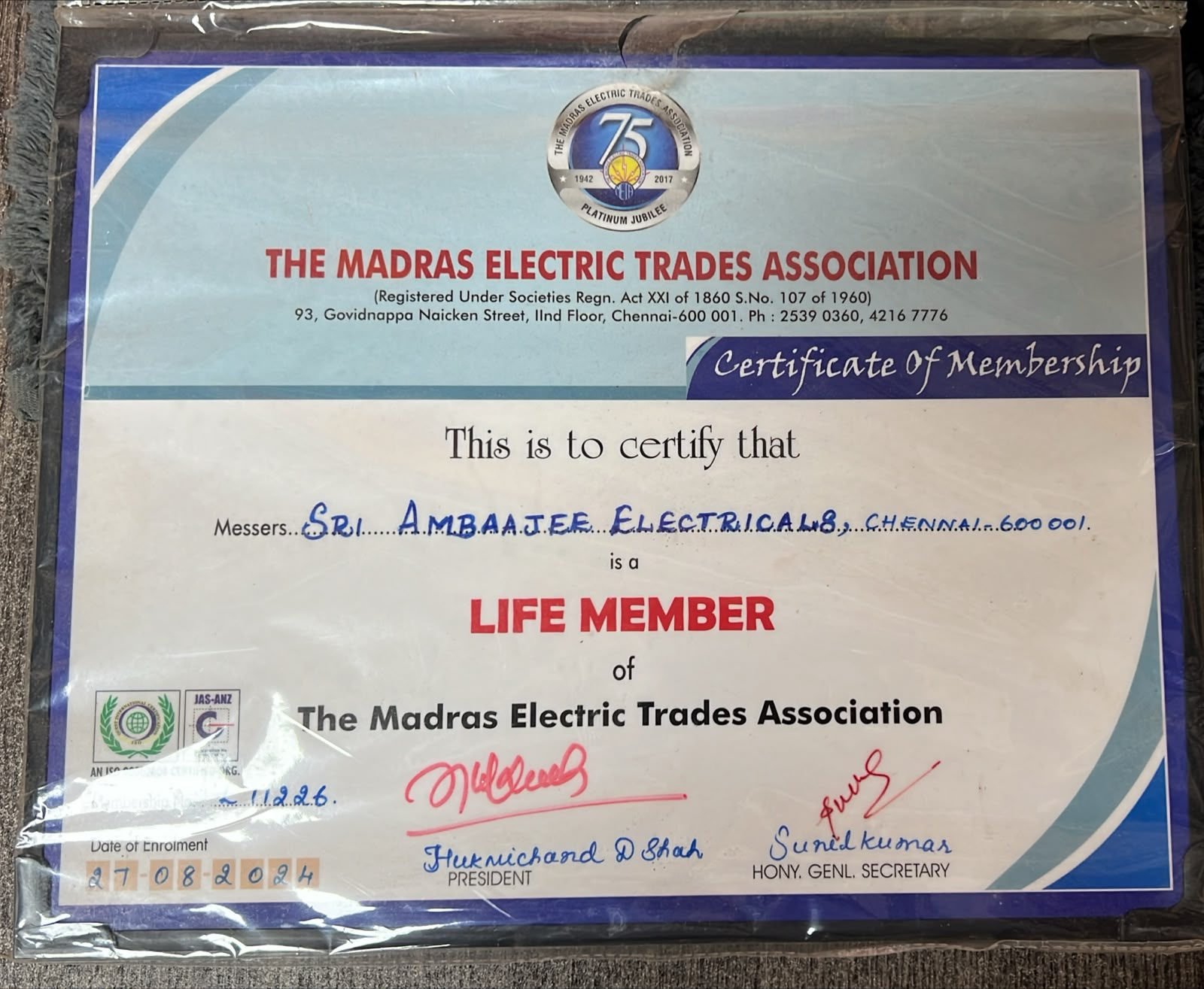 Sri Ambaajee Electricals life membership certificate